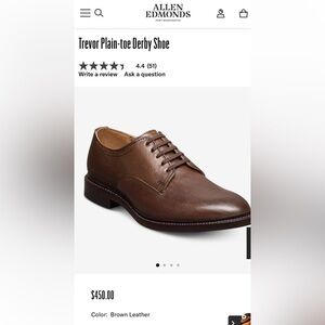 Allen Edmonds Trevor. Brown Leather Derby Shoes. Purchased brand new. Worn once